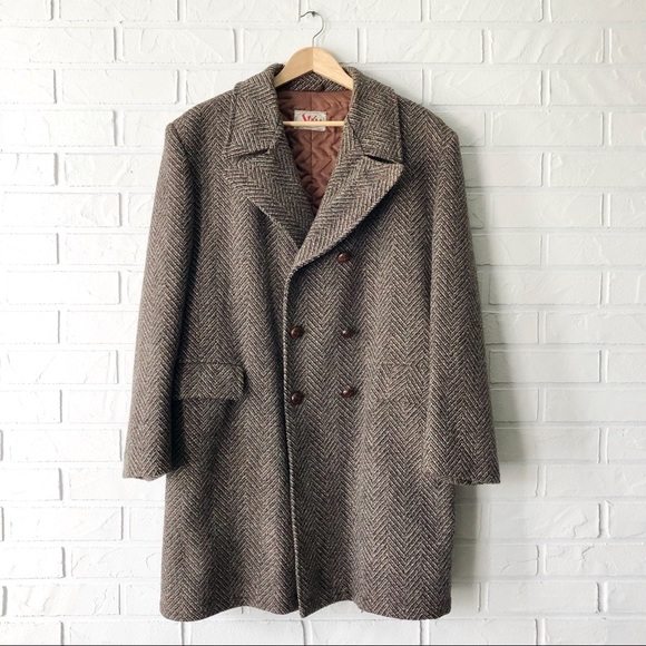 Vintage brown wool tweed herringbone oversize lined coat XL - Picture 3 of 14